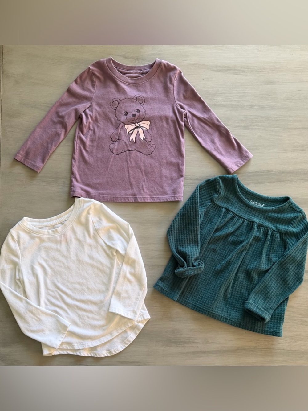 Girls 3T Cat & Jack Long Sleeve Shirt Bundle- Purple Teddy Bear, Green, White